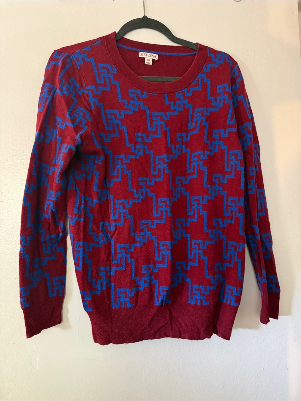 Merona Scarlet and Royal Blue Geometric Crewneck Sweater